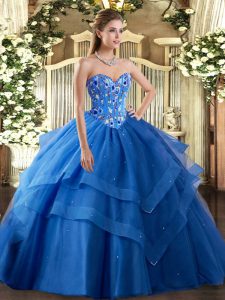 Noble Tulle Sweetheart Sleeveless Lace Up Embroidery and Ruffled Layers Ball Gown Prom Dress in Blue