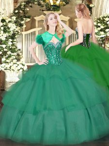 Trendy Tulle Sweetheart Sleeveless Lace Up Beading and Ruffled Layers Sweet 16 Dress in Turquoise