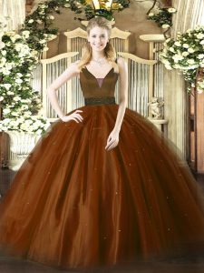  Beading Ball Gown Prom Dress Brown Zipper Sleeveless Floor Length