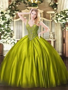 Hot Selling Olive Green Sleeveless Floor Length Beading Lace Up Quinceanera Dress