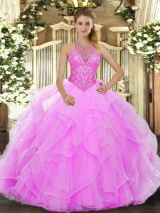Perfect Rose Pink Sleeveless Organza Lace Up Quinceanera Dress for Military Ball and Sweet 16 and Quinceanera