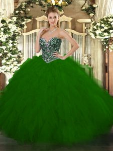 Classical Floor Length Lace Up Vestidos de Quinceanera Green for Military Ball and Sweet 16 and Quinceanera with Beading and Ruffles
