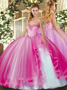  Ball Gowns Sweet 16 Quinceanera Dress Fuchsia Sweetheart Tulle Sleeveless Floor Length Lace Up