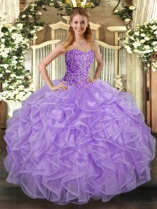 Low Price Asymmetrical Lace Up Sweet 16 Dresses Lavender for Military Ball and Sweet 16 and Quinceanera with Beading and Ruffles