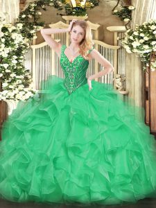 Enchanting Green Sleeveless Organza Lace Up Quinceanera Gown for Military Ball and Sweet 16 and Quinceanera