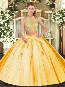  Gold Sleeveless Beading and Appliques Floor Length 15th Birthday Dress