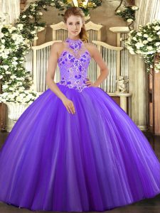 Edgy Purple Halter Top Lace Up Embroidery Vestidos de Quinceanera Sleeveless