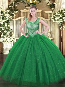 Customized Dark Green Sleeveless Beading and Sequins Floor Length 15th Birthday Dress
