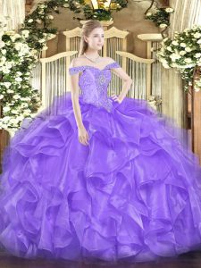 Fancy Off The Shoulder Sleeveless Lace Up Quinceanera Dress Lavender Organza