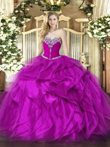  Fuchsia Lace Up Sweet 16 Quinceanera Dress Beading and Ruffles Sleeveless Floor Length