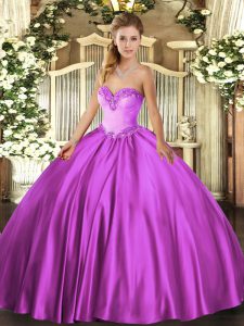 Super Floor Length Lace Up Ball Gown Prom Dress Fuchsia for Military Ball and Sweet 16 and Quinceanera with Beading