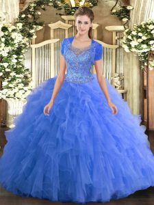  Sleeveless Clasp Handle Floor Length Beading and Ruffled Layers Quince Ball Gowns