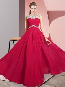 Noble Red Empire Chiffon Scoop Sleeveless Beading Floor Length Clasp Handle Evening Dress