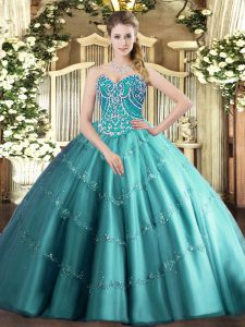  Teal Ball Gown Prom Dress Military Ball and Sweet 16 and Quinceanera with Beading and Appliques Sweetheart Sleeveless Lace Up