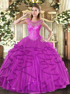Beauteous Floor Length Ball Gowns Sleeveless Fuchsia Quinceanera Dresses Lace Up
