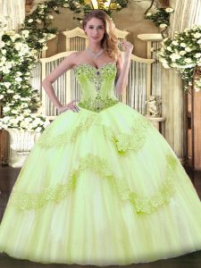 Inexpensive Sweetheart Sleeveless Lace Up Quinceanera Gown Yellow Green Tulle