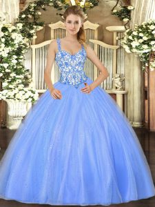  Floor Length Ball Gowns Sleeveless Baby Blue Quinceanera Gown Lace Up
