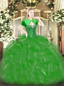  Green Ball Gowns Organza Sweetheart Sleeveless Beading and Ruffles Floor Length Lace Up Quince Ball Gowns