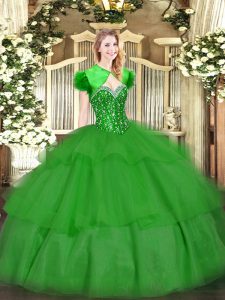 Graceful Green Ball Gowns Sweetheart Sleeveless Tulle Floor Length Lace Up Beading and Ruffled Layers 15th Birthday Dress