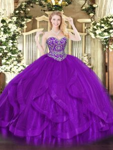 Fancy Eggplant Purple Sleeveless Floor Length Ruffles Lace Up Ball Gown Prom Dress