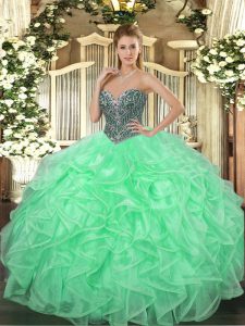  Apple Green Ball Gowns Beading and Ruffles 15 Quinceanera Dress Lace Up Organza Sleeveless Floor Length