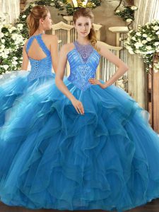  Floor Length Teal Quinceanera Gowns Organza Sleeveless Beading and Ruffles