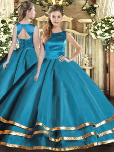  Floor Length Teal Sweet 16 Dresses Scoop Sleeveless Lace Up