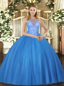 Charming High-neck Sleeveless Lace Up 15th Birthday Dress Baby Blue Tulle