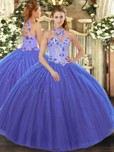 Best Blue Sleeveless Tulle Lace Up Quinceanera Dress for Military Ball and Sweet 16 and Quinceanera