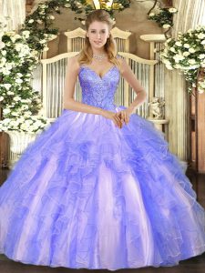 Chic Lavender Lace Up Quinceanera Gown Beading and Ruffles Sleeveless Floor Length