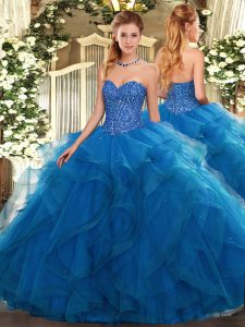  Blue Tulle Lace Up 15 Quinceanera Dress Sleeveless Floor Length Beading and Ruffles