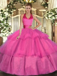  Fuchsia Halter Top Neckline Ruffled Layers 15th Birthday Dress Sleeveless Lace Up