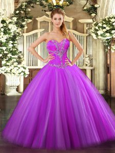 Stunning Fuchsia Ball Gowns Sweetheart Sleeveless Tulle Floor Length Zipper Beading Quinceanera Dresses