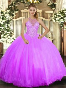  Floor Length Lace Up 15th Birthday Dress Lilac for Military Ball and Sweet 16 and Quinceanera with Beading