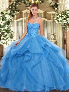 Elegant Sweetheart Sleeveless Quince Ball Gowns Floor Length Beading and Ruffles Baby Blue Tulle