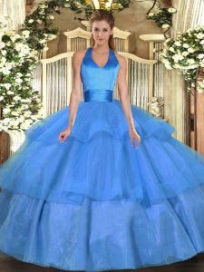  Baby Blue Lace Up Halter Top Ruffled Layers Quinceanera Dress Tulle Sleeveless
