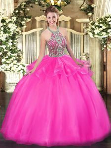  Hot Pink Ball Gowns Tulle Halter Top Sleeveless Beading and Ruffles Floor Length Lace Up Quince Ball Gowns