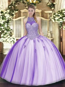 Deluxe Floor Length Lavender Quinceanera Dresses Halter Top Sleeveless Lace Up