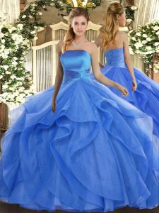 Modest Blue Strapless Neckline Ruffles Ball Gown Prom Dress Sleeveless Lace Up