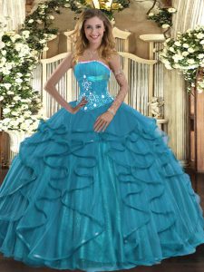  Floor Length Teal Ball Gown Prom Dress Tulle Sleeveless Beading and Ruffles