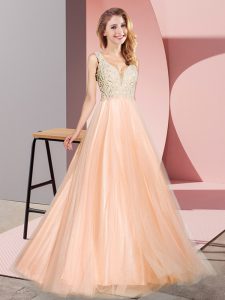 Adorable Sleeveless Floor Length Lace Zipper Prom Dresses with Peach