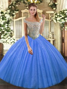  Baby Blue Ball Gowns Beading 15th Birthday Dress Lace Up Tulle and Sequined Sleeveless Floor Length