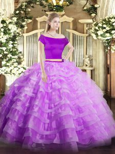 Modest Floor Length Two Pieces Short Sleeves Lilac 15th Birthday Dress Zipper