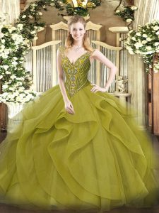 Fabulous Olive Green Ball Gowns V-neck Sleeveless Tulle Floor Length Lace Up Beading and Ruffles Quinceanera Gowns