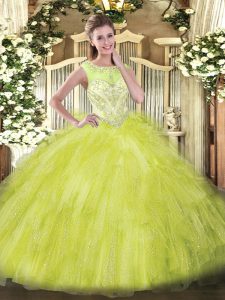 High End Yellow Green Organza Zipper Quinceanera Gown Sleeveless Floor Length Beading and Ruffles