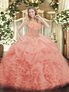  Ball Gowns Quinceanera Dresses Baby Pink Scoop Organza Sleeveless Floor Length Zipper