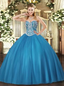  Baby Blue Tulle Lace Up Sweetheart Sleeveless Floor Length Vestidos de Quinceanera Beading