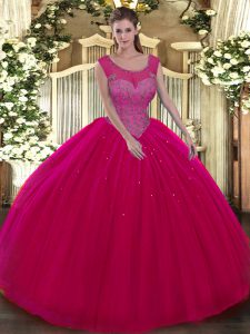 Modern Tulle Scoop Sleeveless Backless Beading Quinceanera Gown in Hot Pink