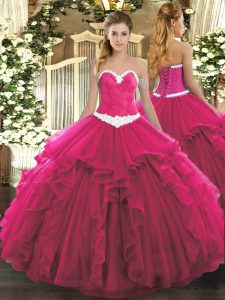  Hot Pink Organza Lace Up Quince Ball Gowns Sleeveless Floor Length Appliques and Ruffles