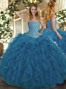  Floor Length Teal 15 Quinceanera Dress Tulle Sleeveless Beading and Ruffles